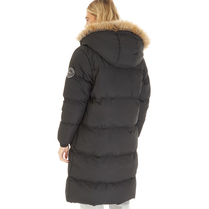 L'amore Couture Womens Harper Longline Puffer Hooded Fur Black