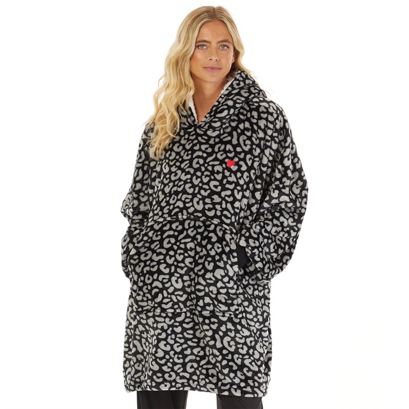 L'amore Couture Womens Snuggle Hoodie Black Leopard