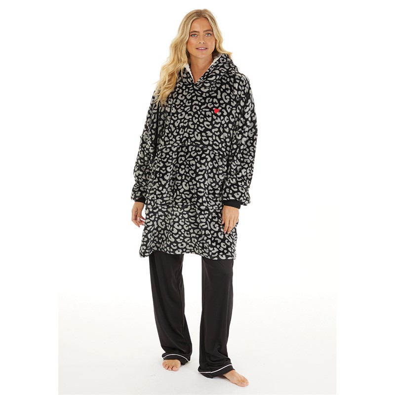 L'amore Couture Womens Snuggle Hoodie Black Leopard