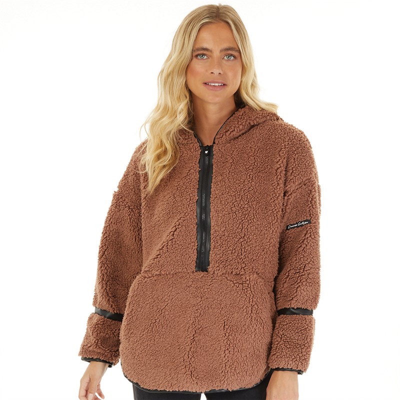 L'amore Couture Womens Talia 1/2 Zip Hooded Borg Fleece Mocha