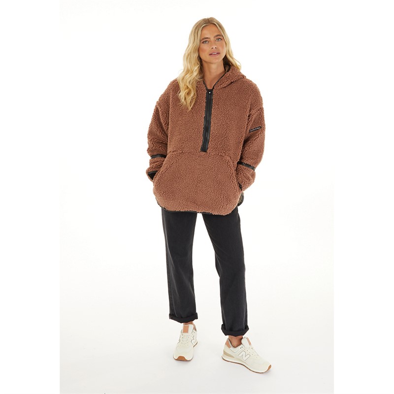 L'amore Couture Womens Talia 1/2 Zip Hooded Borg Fleece Mocha