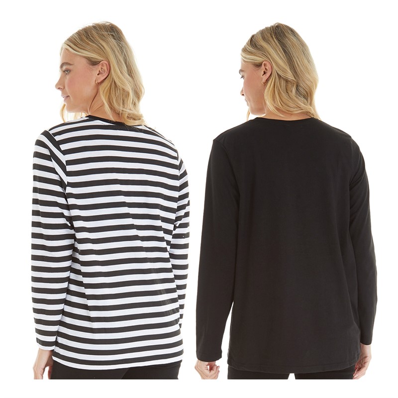 L'amore Couture Womens Tilly Two Pack Long Sleeve T-Shirts Black/Black Stripe