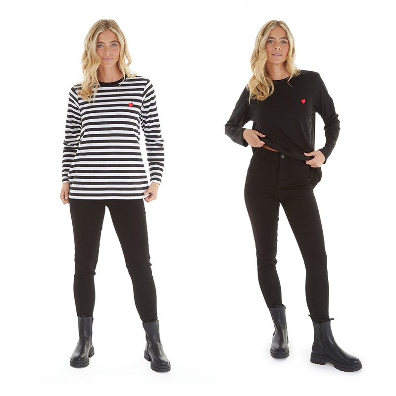 L'amore Couture Womens Tilly Two Pack Long Sleeve T-Shirts Black/Black Stripe