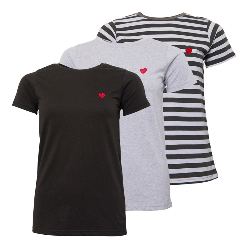 L'amore Couture Womens Drew Three Pack T-Shirts Black/Grey Amrl/Charcoal Stripe