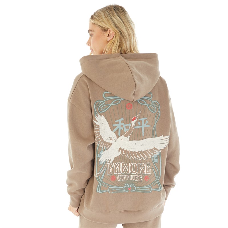 L'amore Couture Womens Stork Oversized Hoodie Brown