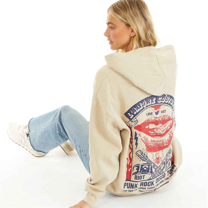 L'amore Couture Womens Punk Poster Oversized Hoodie Ecru