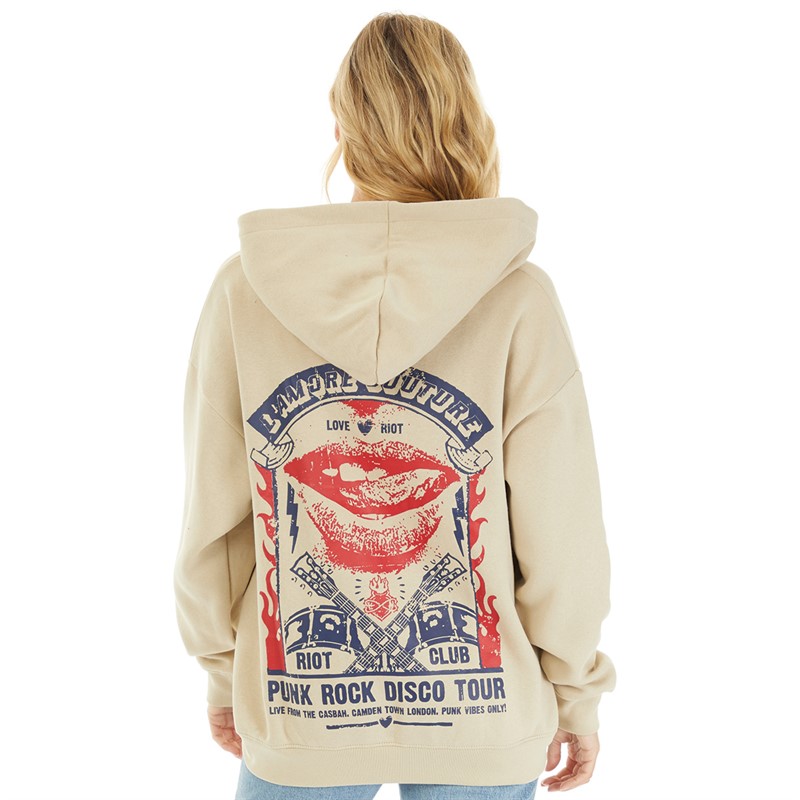 L'amore Couture Womens Punk Poster Oversized Hoodie Ecru