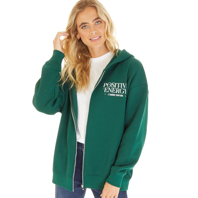 L'amore Couture Womens Lamore Couture Good Vibes Zip Thru Hoodie Forest Green