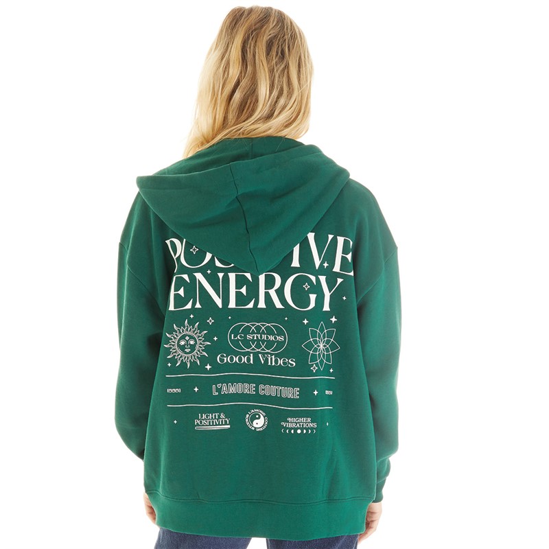 L'amore Couture Womens Lamore Couture Good Vibes Zip Thru Hoodie Forest Green