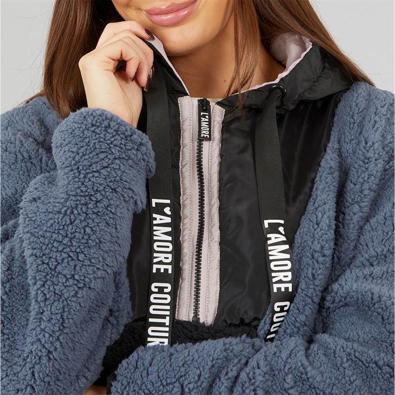 L'amore Couture Womens Midtown Hooded Borg Fleece Black/Charcoal