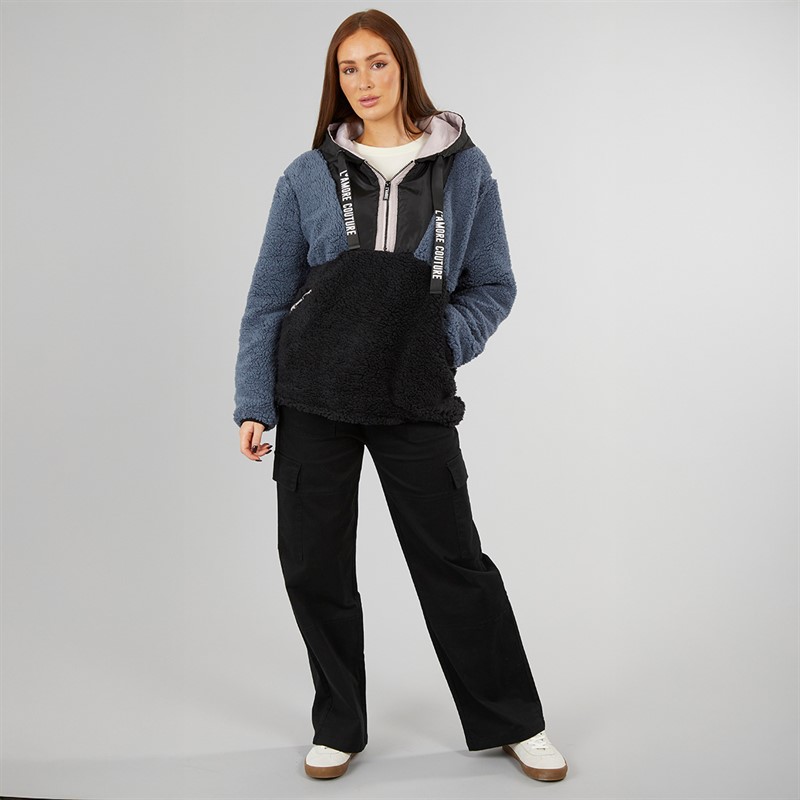 L'amore Couture Womens Midtown Hooded Borg Fleece Black/Charcoal