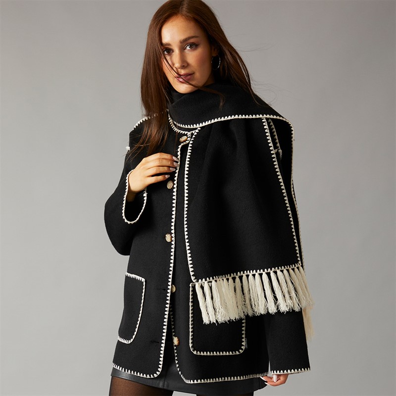 L'amore Couture Womens Miami Scarf Coat Jacket Black