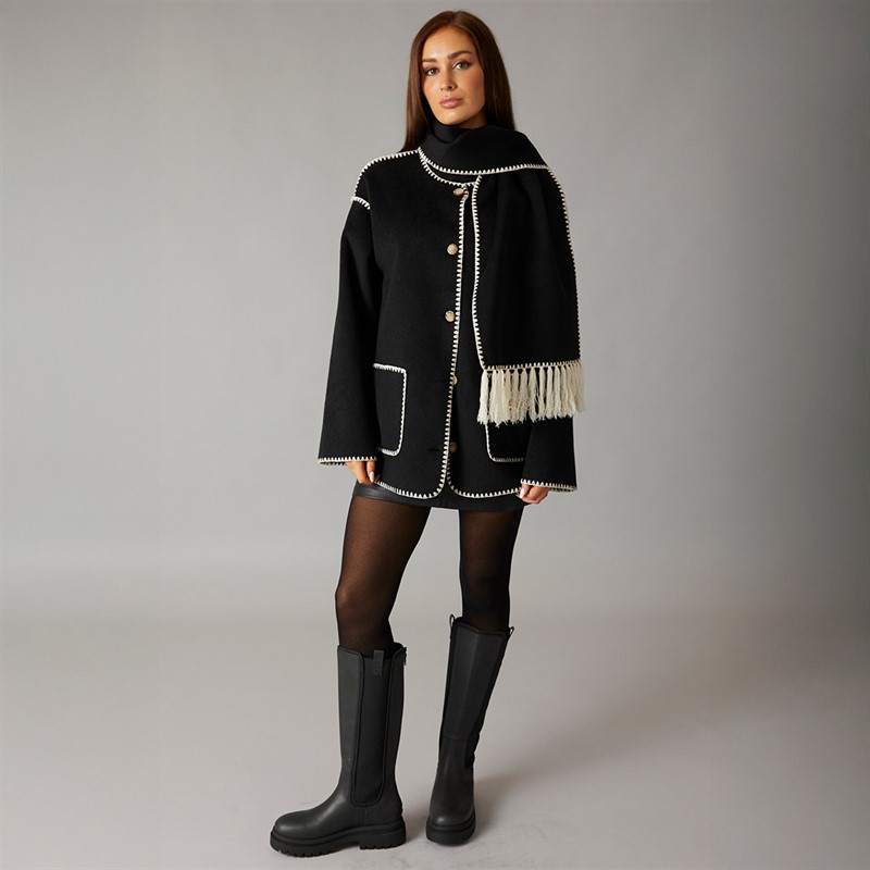 L'amore Couture Womens Miami Scarf Coat Jacket Black