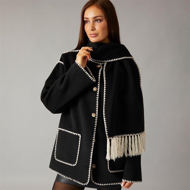 L'amore Couture Womens Miami Scarf Coat Jacket Black
