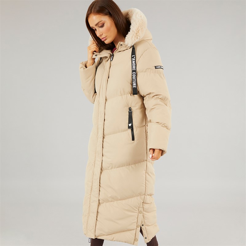 L'amore Couture Womens Madison Long Puffer Beige