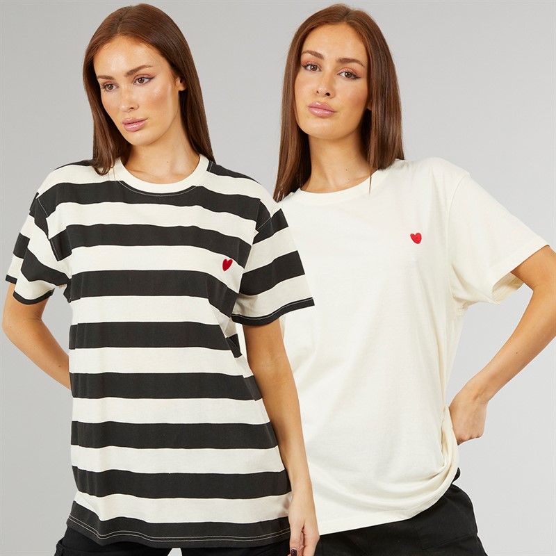 L'amore Couture Womens Tia Two Pack Oversized T-Shirts Ecru/Black Stripe