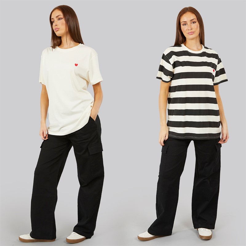 L'amore Couture Womens Tia Two Pack Oversized T-Shirts Ecru/Black Stripe
