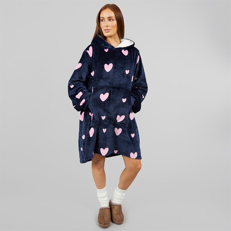 L'amore Couture Womens Heart Oversized Hoodie Navy Pink