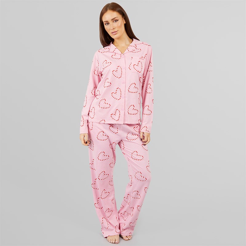 L'amore Couture Womens Candy Cane Christmas Heart Pyjama Pink