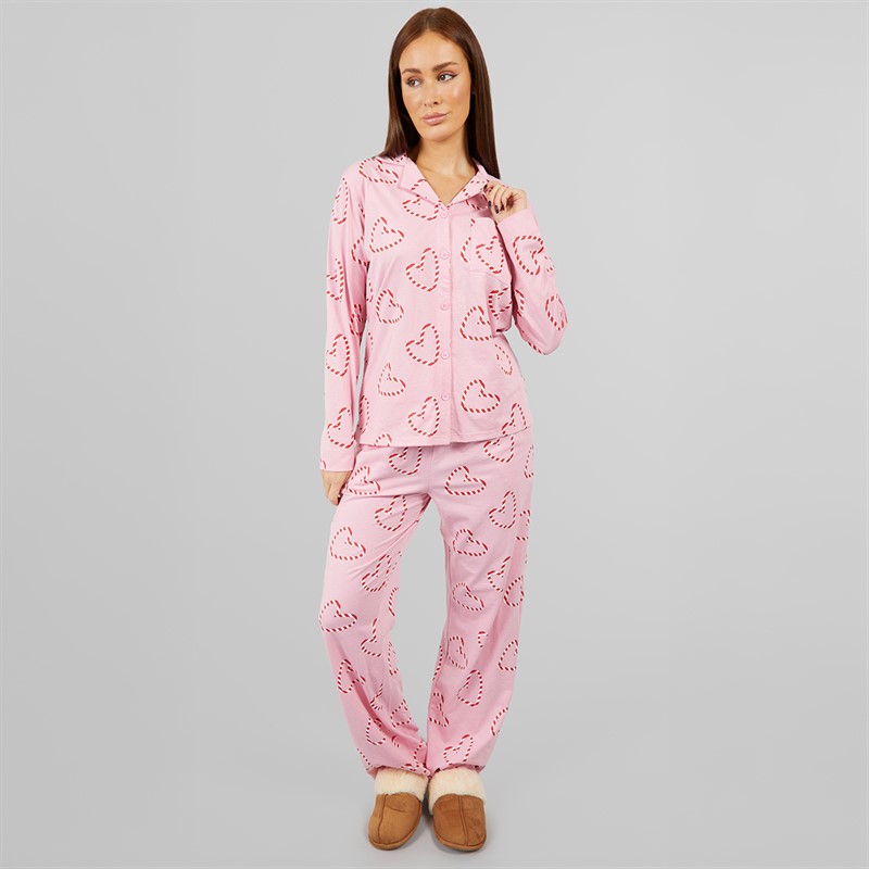 L'amore Couture Womens Candy Cane Christmas Heart Pyjama Pink