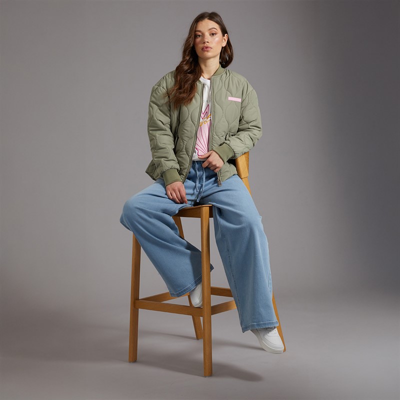 L'amore Couture Womens Mykonos Quilted Bomber Jacket Khaki