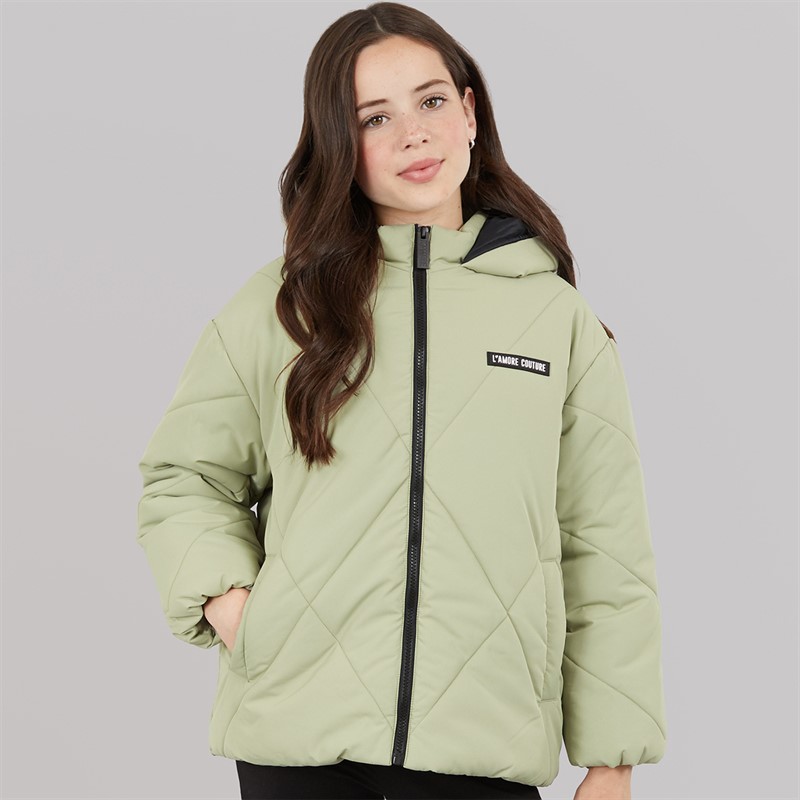 L'amore Couture Girls Franklin Short Puffer Coat Khaki
