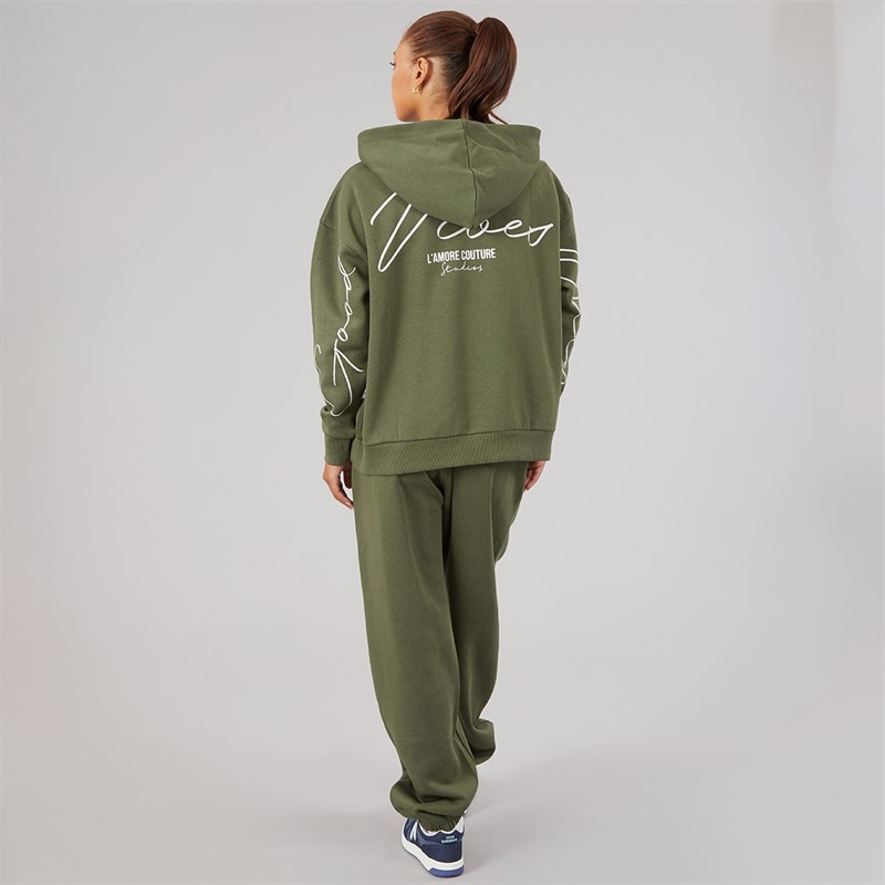 L'amore Couture Womens Good Vibes Only Hoodie And Joggers Tracksuit Khaki