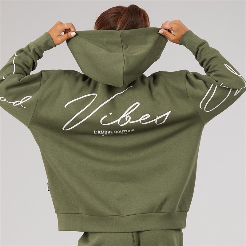 L'amore Couture Womens Good Vibes Only Hoodie And Joggers Tracksuit Khaki