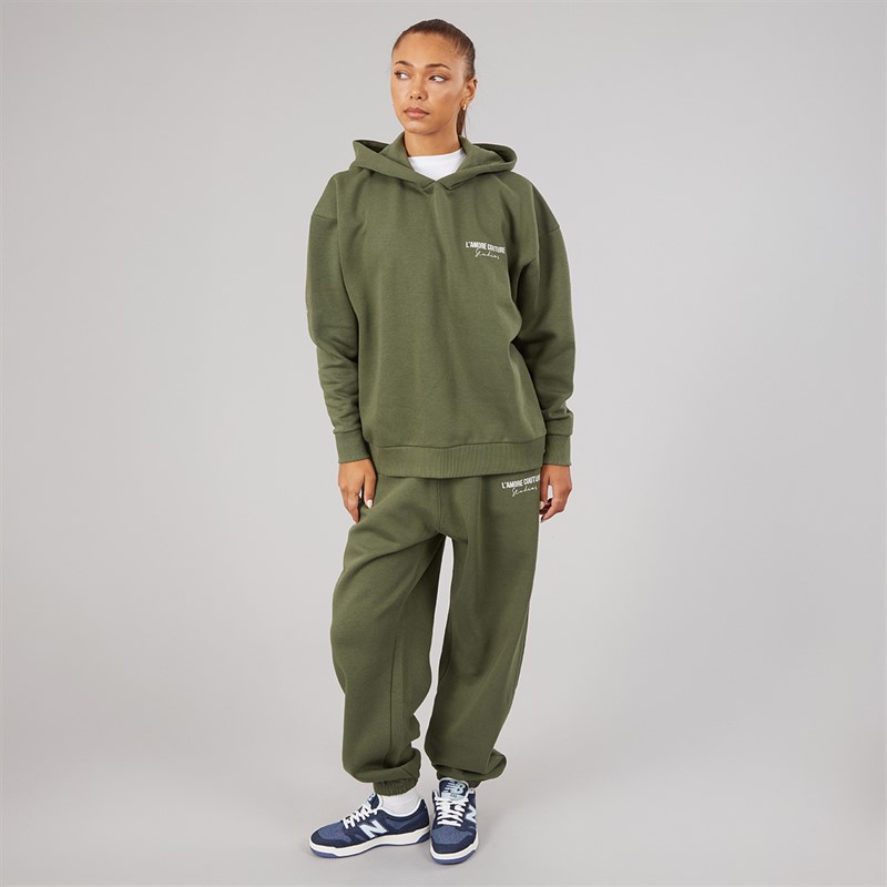 L'amore Couture Womens Good Vibes Only Hoodie And Joggers Tracksuit Khaki