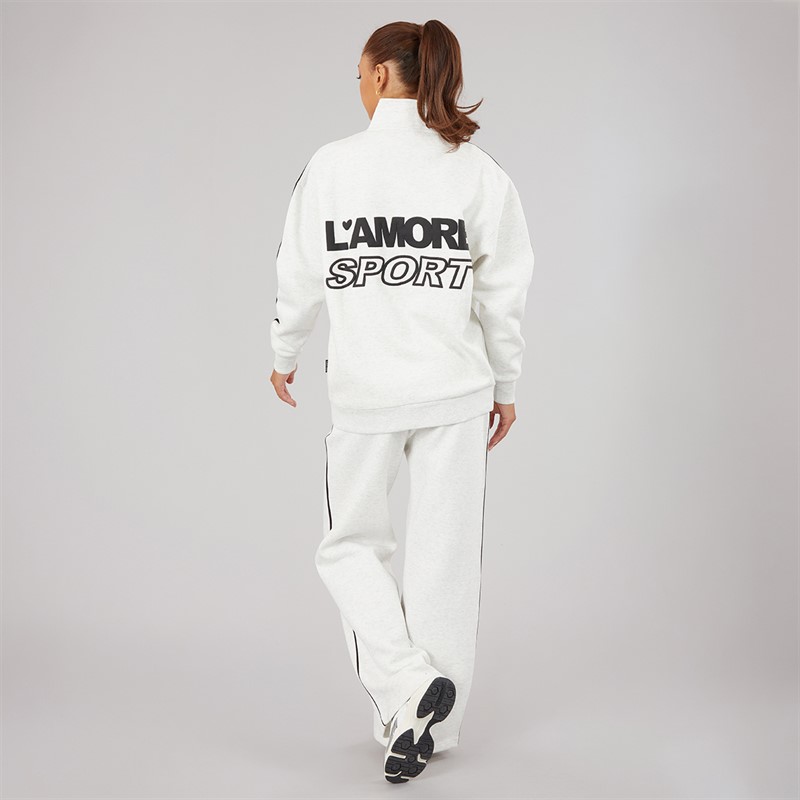 L'amore Couture Womens Sport Quarter Zip Sweatshirt And Wide Leg Joggers Tracksuit Oatmeal Marl