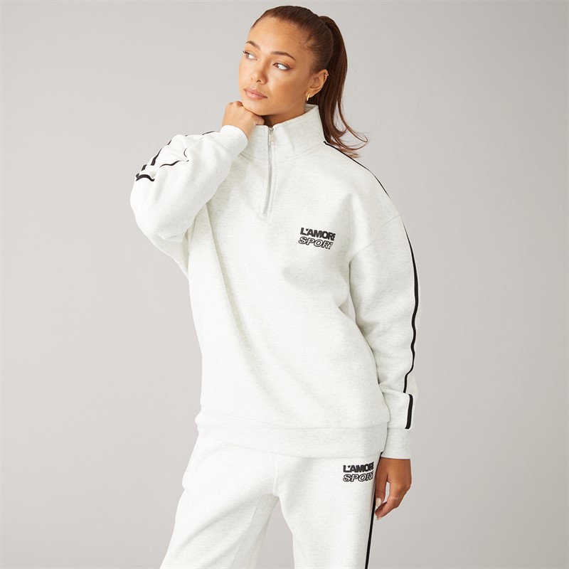 L'amore Couture Womens Sport Quarter Zip Sweatshirt And Wide Leg Joggers Tracksuit Oatmeal Marl