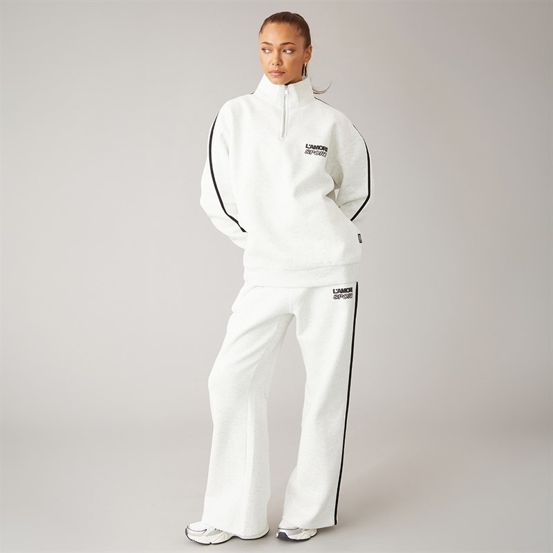 L'amore Couture Womens Sport Quarter Zip Sweatshirt And Wide Leg Joggers Tracksuit Oatmeal Marl