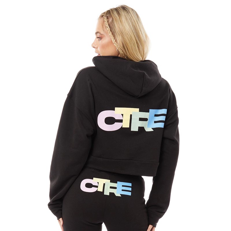 Couture Club Womens Ctre Logo Cropped Hoodie Black