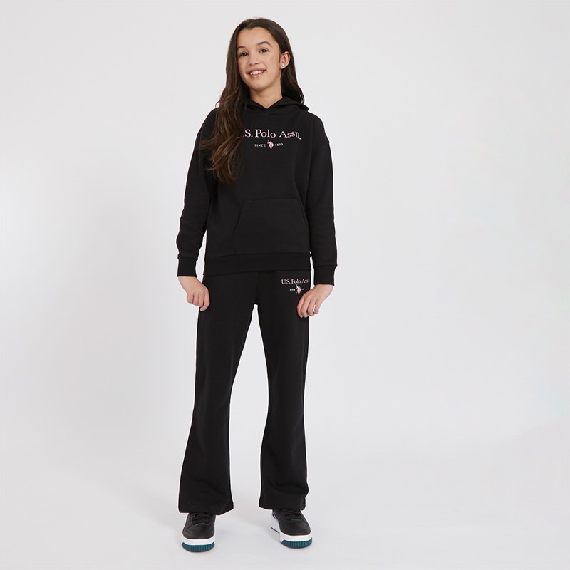 U.S. POLO ASSN. Girls Loose Fit Hoodie And Wide Leg Joggers Tracksuit Set Black - Size 9/10Y