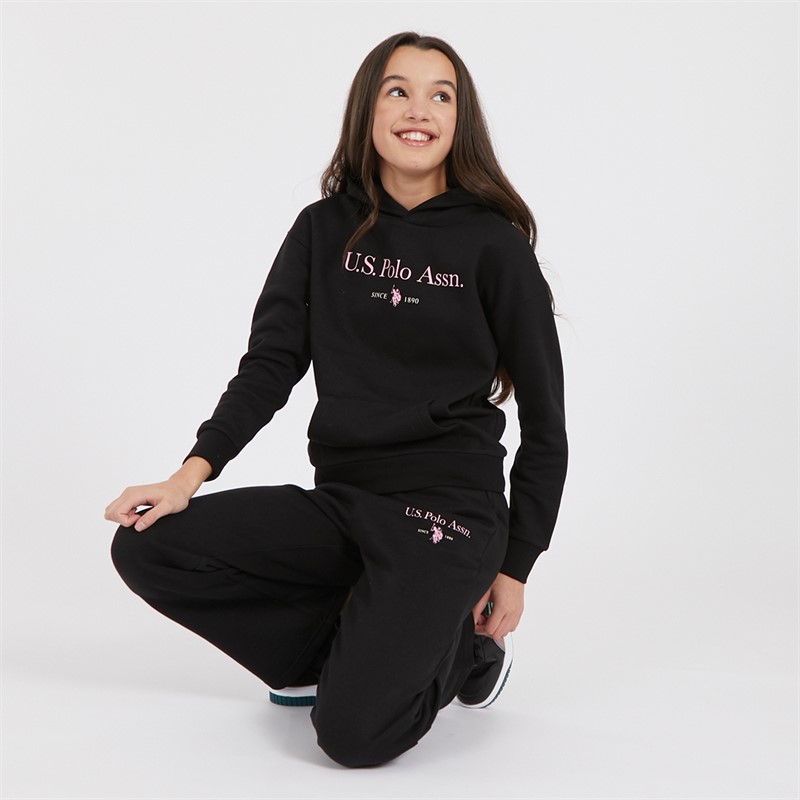 U.S. POLO ASSN. Girls Loose Fit Hoodie And Wide Leg Joggers Tracksuit Set Black