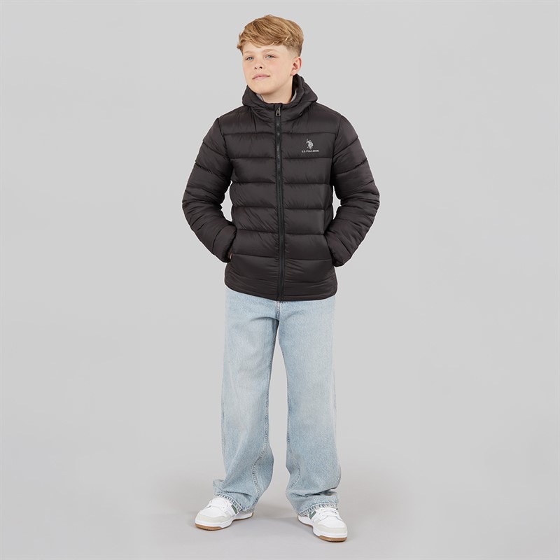 U.S. POLO ASSN. Boys Hooded Quilted Jacket Black