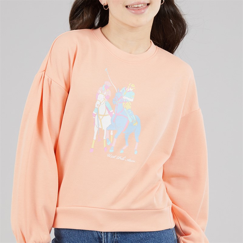 U.S. POLO ASSN. Girls Puff Sleeve DHM Graphic Sweatshirt Peach Nectar