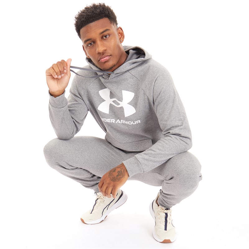 Under Armour Mens UA Rival Fleece Logo Hoodie Castlerock Light Hearther/White