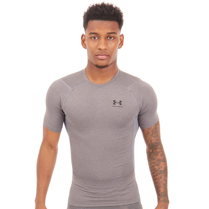 Under Armour Mens UA HG Heat Gear Armour Compression Short Sleeve Top Carbon Heather/Black