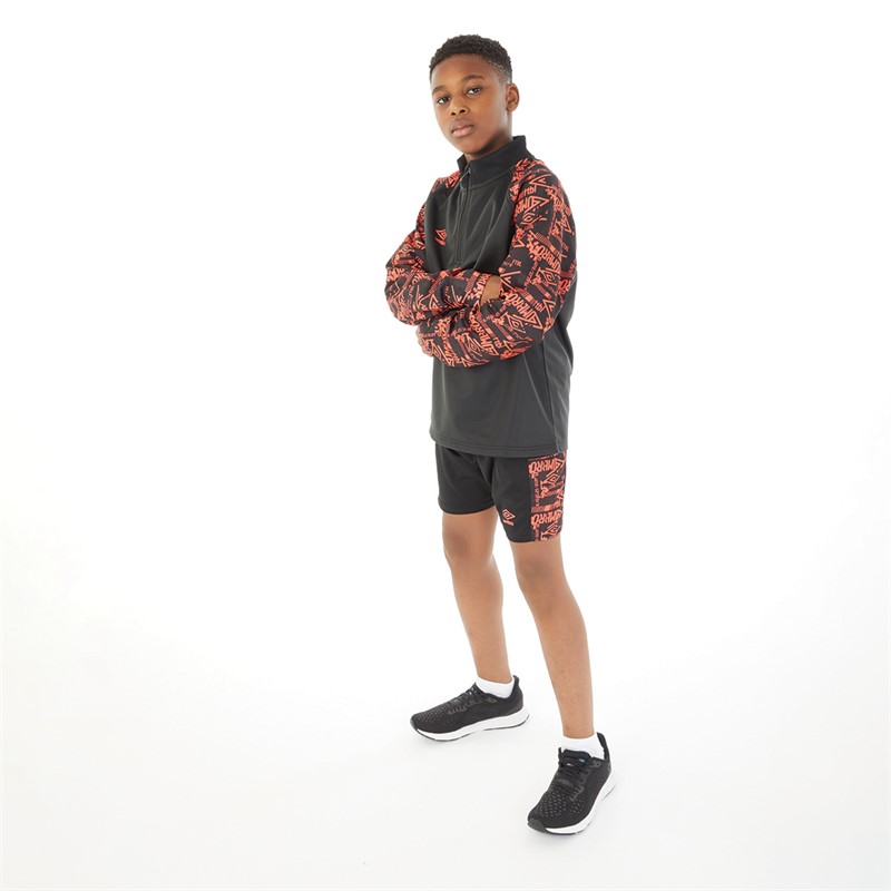 Umbro Junior Boys Alliance Graphic Training 1/4 Zip Top Black/Fiery Coral