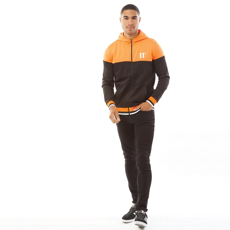 11 Degrees Mens Ribbed Full Zip Poly Hooded Track Top Black/Blaze Orange