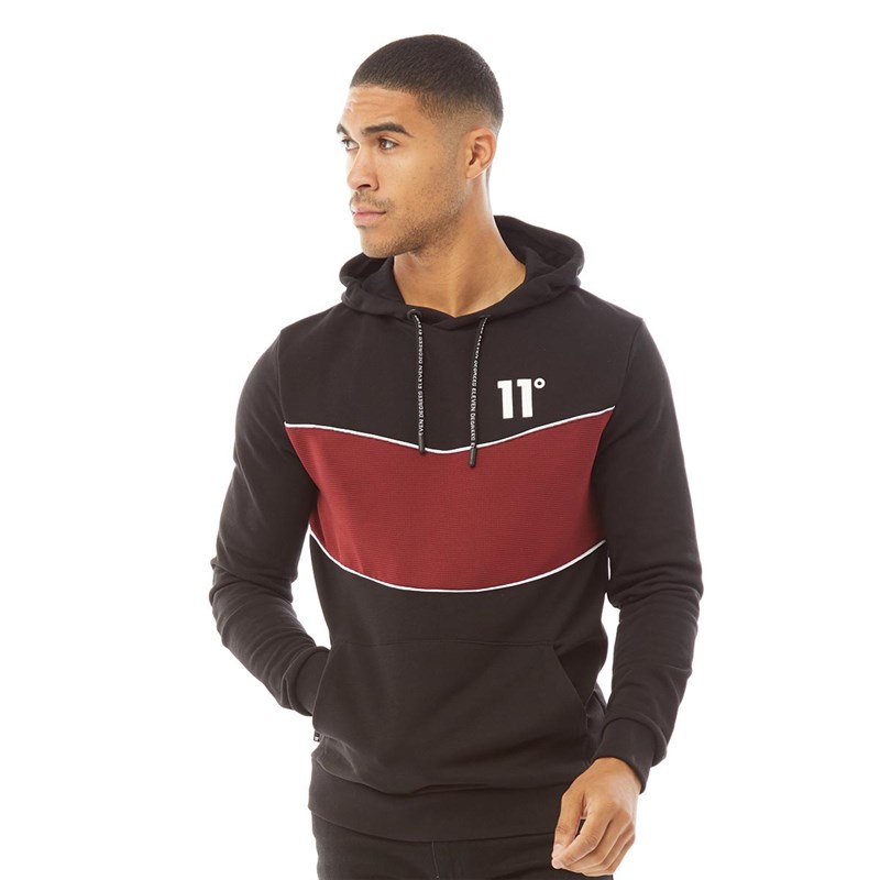 Buy 11 Degrees Mens Cut And Sew Piped Rib Panel Pullover Hoodie Black ...