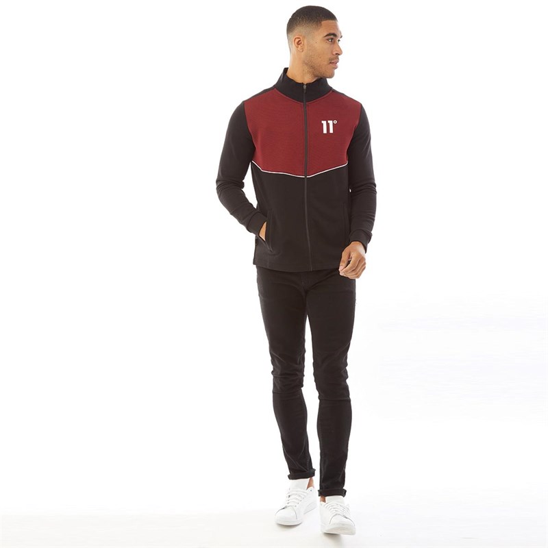 11 Degrees Mens Cut And Sew Rib Panel Full Zip Funnel Neck Sweatshirt Black/Red/White