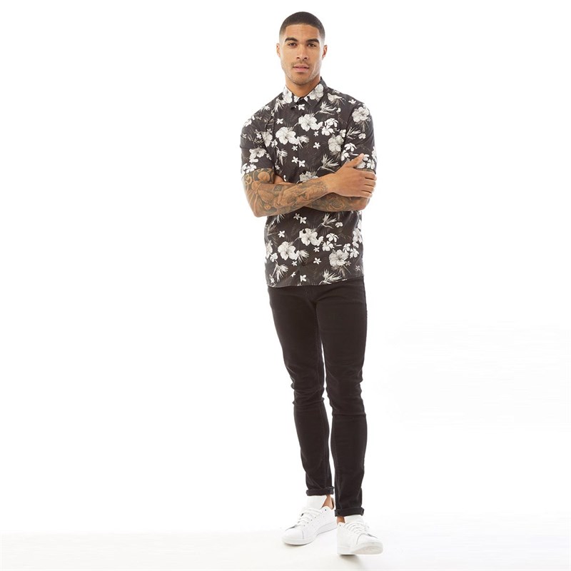 11 Degrees Mens Floral Short Sleeve Shirt Black/White