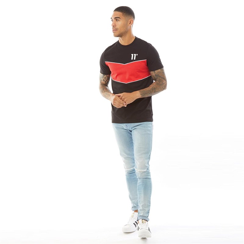 11 Degrees Mens Colour Block Piped T-Shirt Black/Goji Berry Red/White