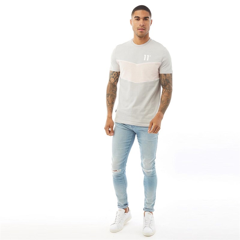 11 Degrees Mens Colour Block Piped T-Shirt Vapour Grey/Peach Blush/White