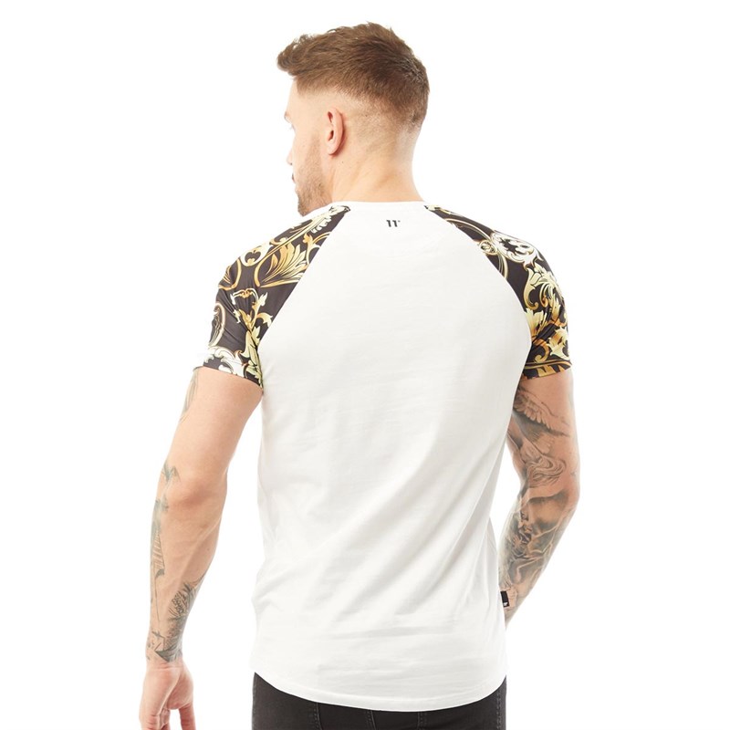 11 Degrees Mens Sub Panelled Raglan T-Shirt Gold Baroque Print