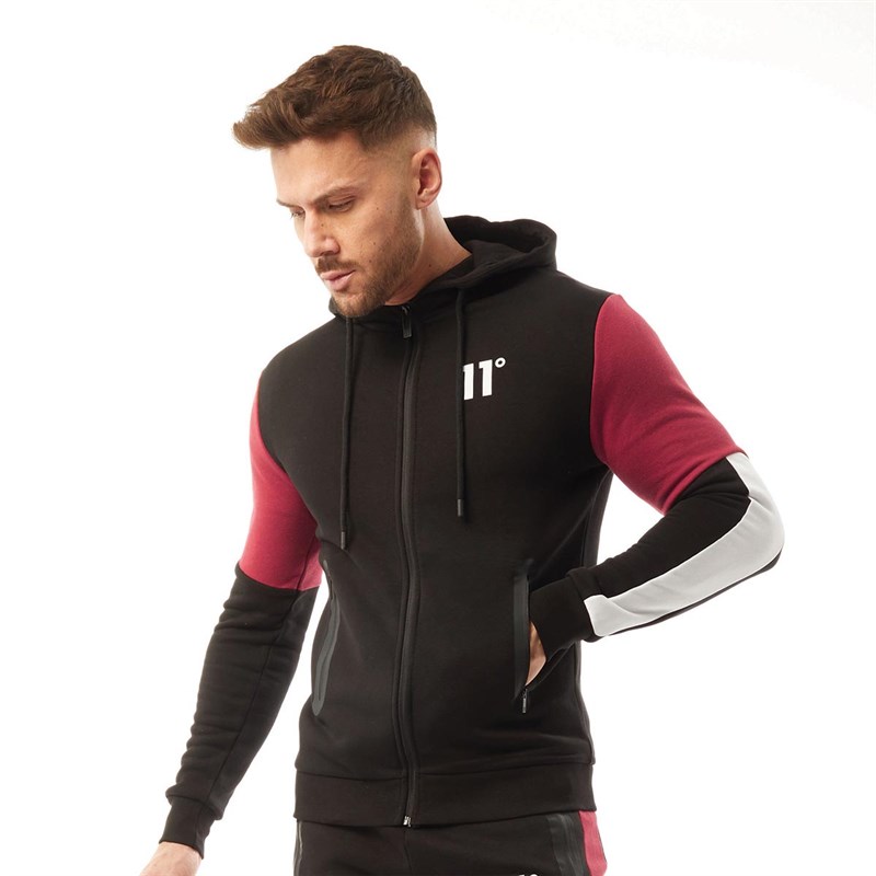 Buy 11 Degrees Mens Carbon Full Zip Hoodie Black Brick Red White