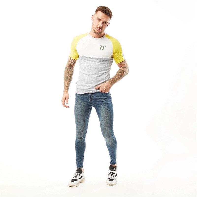 11 Degrees Mens Cut And Sew Chevron Muscle Fit T-Shirt Yellow/White/Tornado Marl
