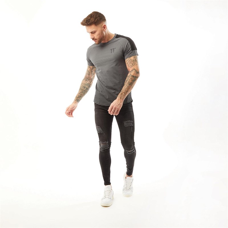 11 Degrees Mens Cut And Sew Diagonal Fade T-Shirt Muscle Fit Slate Grey/Black